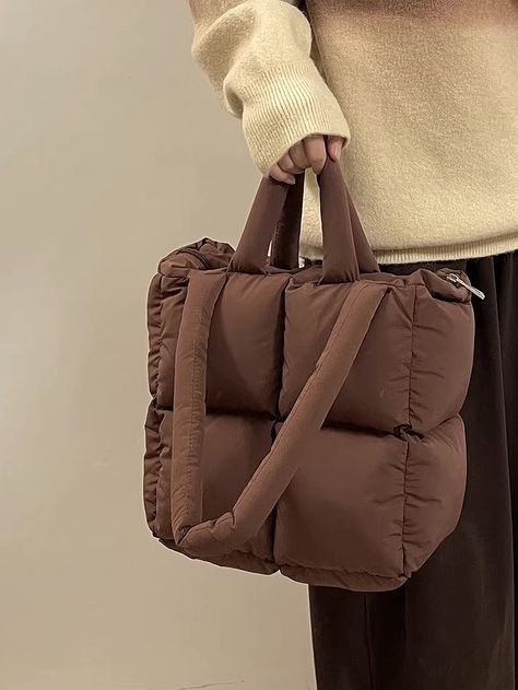 Brown  Collar  Polyamide Plain Shoulder Tote Bag Embellished   Women Bags Winter Purses, Brown Puffer, Jeans Patchwork, Tas Bahu, Cotton Purse, Quilted Tote Bags, Foto Poses, Handbags Casual, Quilted Totes