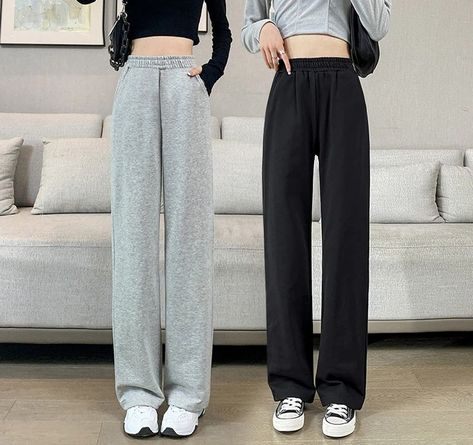 Grey Trousers Women, Spring Korean Fashion, Gray Trousers, Girls Outwear, Loose Wide Leg Pants, Satin Joggers, Elegant Pant, Sweatpants Black, Sports Pants Women