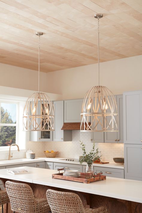 Coastal Modern Kitchen Pendant Lights, Coastal Pendant Lights Over Kitchen Island, Coastal Modern Kitchen, Coastal Kitchen Lighting, Progress Lighting Pendant, Modern Kitchen Pendants, Coastal Pendant Lighting, Kitchen Revamp, Faux Wood Finish