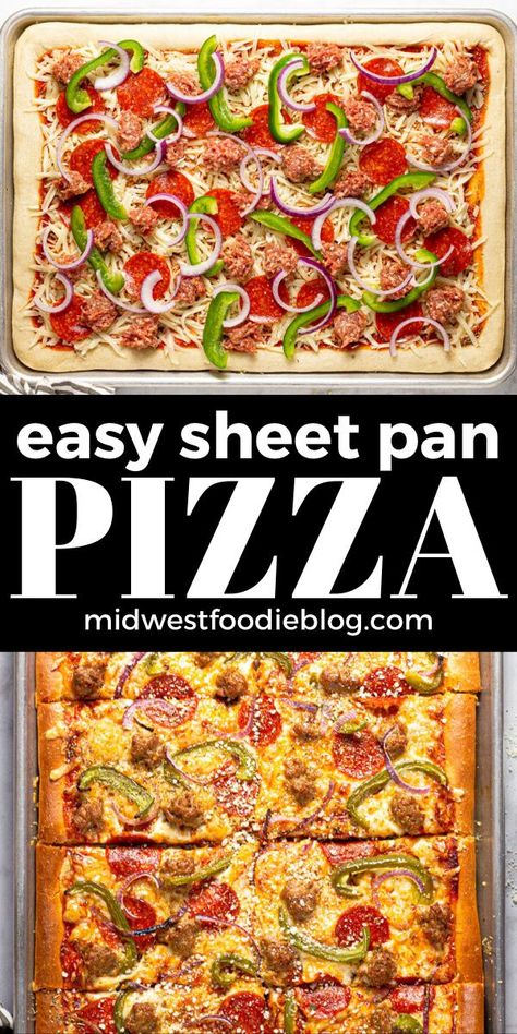 Chewy Pizza Crust, Sheet Pan Pizza, Quick Pizza Dough, Square Pizza, Quick Pizza, Sheet Pan Dinners Recipes, Easy Homemade Pizza, Mild Italian Sausage, Recipe Sheets