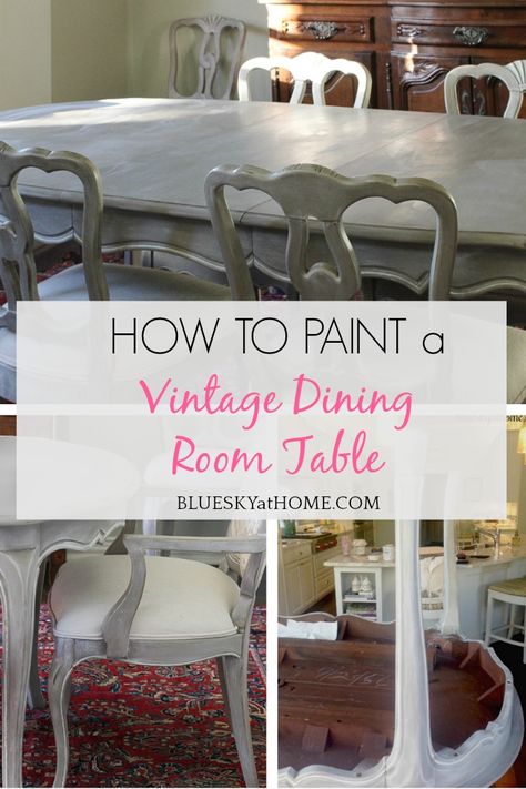 How to Paint a Vintage Dining Table. Repurposing vintage furniture with paint is a simple way to rescue old pieces. Step-by-step paint process. #blueskyathome #vintagetable #paintprojects #howtopaintavintagetable Refinished Dining Room Table Ideas, How To Redo Dining Room Table And Chairs, How To Redo Dining Room Table, Redoing Dining Room Table And Chairs, Redo Furniture Farmhouse, Painted Old Dining Table And Chairs, Painting My Dining Room Furniture, Repainted Dining Table, Updating Dining Room Furniture