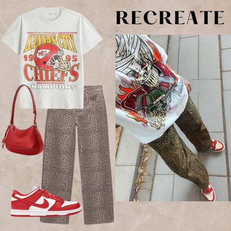 kansas city football graphic tee  leopard print pants animal print jeans  red nike dunks red purse  fall outfit trend fashion ideas women's fashion football season outfit ideas women's bottoms how to style #falloutfittrend #trending #style #fashion   shirt abercrombie pants princess polly shoes from nike #falloutfit #footballoutfit #ootd #falltrend Nike Dunk Red Outfit, Red Nike Dunks, Dunks Red, Abercrombie Pants, Football Season Outfits, Fall Outfit Trends, Red Nike Shoes, Football Graphic Tee, Animal Print Jeans