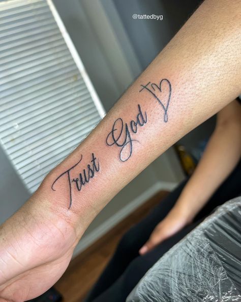 Trust 🙏✨ #TATTEDBYG Short Quotes Deep Tattoos, God’s Favorite Tattoo, Minute By Minute Tattoo, Blessed Hand Tattoos For Women, Women Memorial Tattoos, Small Tattoos For Christians, Psalm 30:5 Tattoo, Fear God Tattoo Women, Small Godly Tattoos For Women