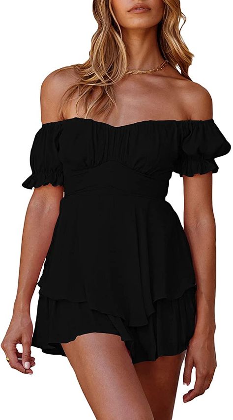 Fixmatti Women Summer Boat Neck Shorts Sleeve Chiffon One Piece Rompers Shorts Jumpsuit Black S : Clothing, Shoes & Jewelry Chiffon Romper, Chiffon Shorts, Boho Romper, Skater Dresses, Casual Rompers, Ruffle Romper, Solid Color Dress, Chiffon Ruffle, Jumpsuit With Sleeves