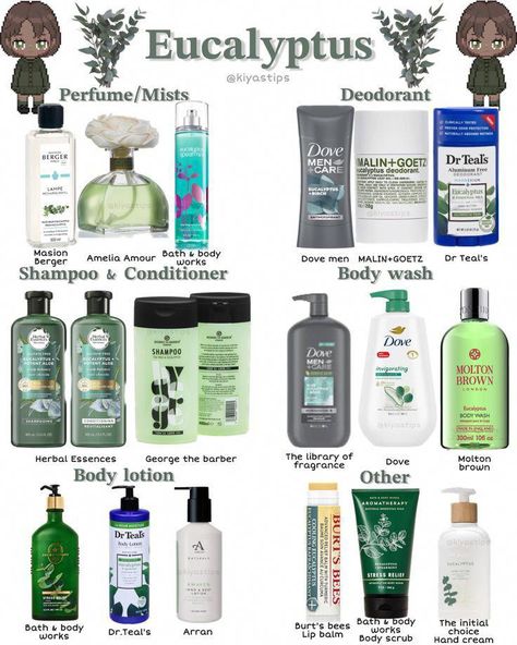 How To Smell Like Eucalyptus, How To Smell Like The Forest, Eucalyptus Perfume, Signature Scent Ideas, Scent Board, Eucalyptus Body Wash, Eucalyptus Scent, Koleksi Makeup, Dove Shampoo