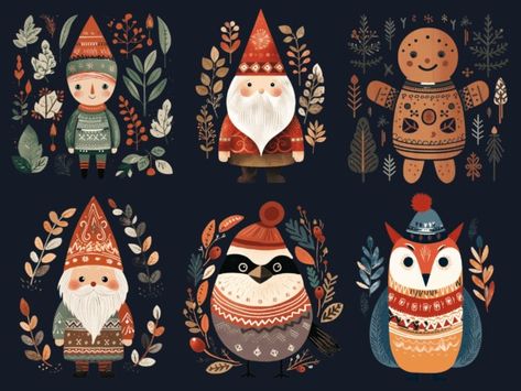 Scandinavian Folk Art Christmas Clipart Graphic by giraffecreativestudio · Creative Fabrica Scandinavian Christmas Painting, Scandinavian Folklore Art, Scandinavian Xmas Decor, How To Draw Folk Art, Cricut Holiday Decor, Scandinavian Illustration Graphics, Scandinavian Christmas Pattern, Scandinavian Christmas Crafts, Scandinavian Christmas Illustration