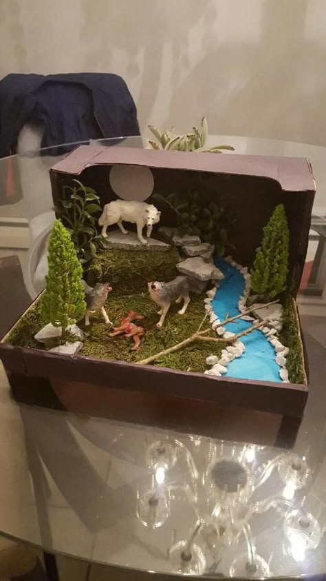 Wolves project Giraffe Diorama Project, School Project Animal Habitat, Diarama Ideas Nature, Shoebox Animal Habitat Project, Diy Animal Habitat Project, Grassland Biome Shoebox Project, Grassland Habitat Diorama, Animals Habitat Project, Elephant Habitat Project For Kids