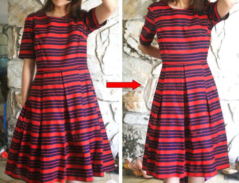 5 minute alterations: tailor a bigger size dress in less than 5 mins. Easy Sew Womens Clothes, Resize Dress Too Big, How To Alter Dress Too Big, How To Make A Large Dress Smaller, Easy Diy Clothing Alterations, Take In Dress Waist Diy, Diy Alterations Clothes, Alter Dress Too Big, No Sew Dress Alterations