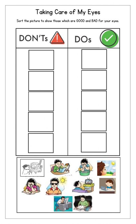 Taking Care of My Eyes - Interactive worksheet Taking Care Of Your Body Worksheets, Sense Of Sight Worksheet, Eye Lesson, Human Body Worksheets, Learning Maps, Earth Activities, My Five Senses, Body Preschool, Family Worksheet