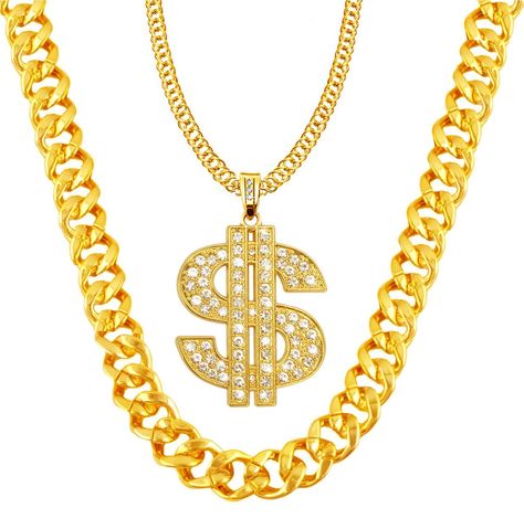 PRICES MAY VARY. Gold Hip Hop Necklace---Packaging included 1 piece dollar sign pendant necklace chain or 1 piece fake gold plastic chain or dollar sign necklace and fake gold chain combination,the necklace which can perfectly match your hip hop outfit,make you the focus of the crowd. Premium Material--The rapper chain necklace costume is made of alloy and plastic,with long lasting gold plating which are stable, strong and durable,and can be served for a long time. Suitable Size---The hip hop do Real Gold Chains, Necklace Packaging, Sign Necklace, Dollar Sign, 90s Hip Hop, Hip Hop Outfits, Necklace For Men, Bruno Mars, Gold Chain Necklace