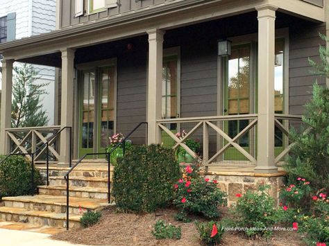 optional porch railing design with wire backing to meet local building code Front Porch Railing Ideas, Porch Railing Ideas, Porch Handrails, Porch Railing Designs, Veranda Design, Front Porch Railings, Railing Designs, Porch Kits, Front Porch Makeover