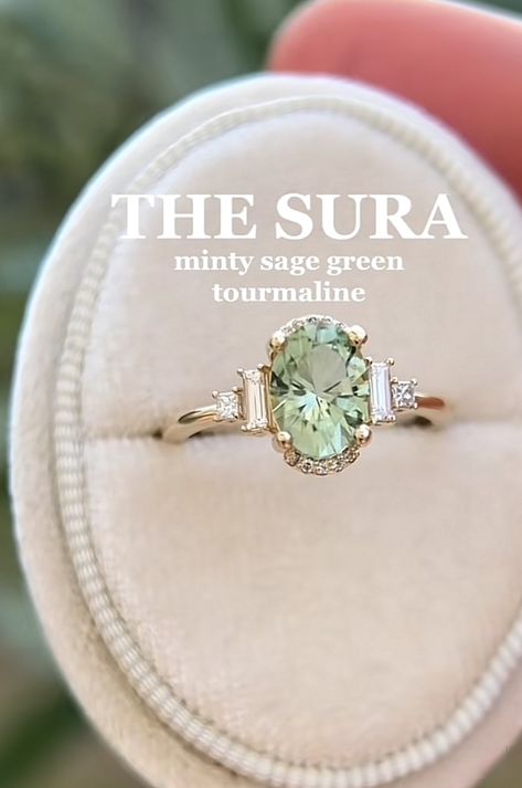 Wedding Rings Sage Green, Engagement Rings With Green Stones, Engagement Rings Gold And Green, Engagement Ring With Green Accents, Pale Green Engagement Ring, Green Engagement Ring Gold, Sage Green Engagement Ring, Light Green Engagement Ring, Green Wedding Rings