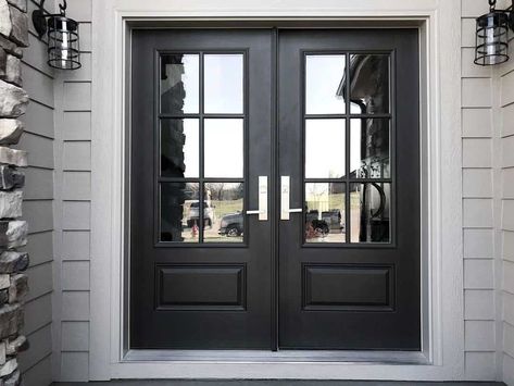 37 Double Front Door Ideas [Photo Inspiration] - Home Decor Bliss Labas Ng Bahay, Double Front Entry Doors, Double Door Entrance, Double Doors Exterior, Iron Entry Doors, French Doors Exterior, Black Front Doors, Modern Entrance, Double Front Doors