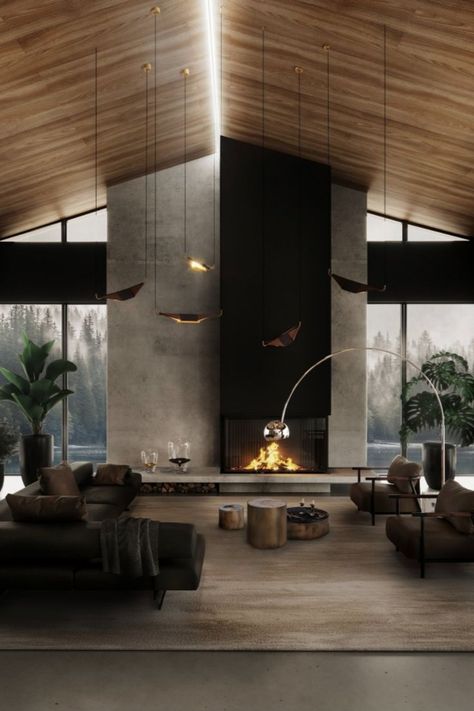 dark tones living room with black modular sofa and armchairs Mountain House Interior, Landscape Living Room, Mountain Interiors, Masculine Interior, Austrian Alps, Cosy Interior, The Lake House, House Villa, Italian Interior