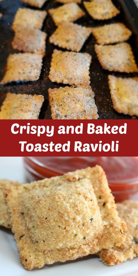 Crispy and Baked Toasted Ravioli, ravioli, appetizers Breaded Ravioli Baked, Ravioli Skewers Appetizers, Toasted Ravioli Baked, Ravioli Appetizer, Fried Ravioli Recipe, Ravioli Recipes, Fried Ravioli, Chicken Aesthetic, Baked Ravioli