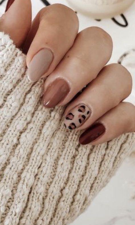 Gel Nails Animal Print, Bare Nails With Design, Autumn Color Palette Nails, Safari Nail Ideas, Brown Nail Designs Short, Tan And Brown Nails, Snow Leopard Nails, Green And Tan Nails, Lepord Nails Designs