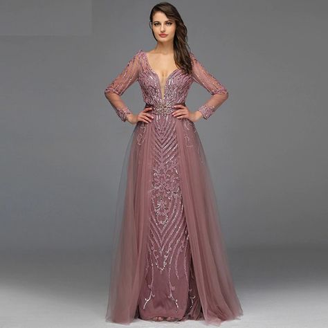 Sequined Sparkle Long Sleeve Beading Evening Gowns - Power Day Sale #boutiquecollection #exclusivecollection #uniquedesignerdress #uniquedress #designerpieces #LuxuryDesignerDresses Beading Flowers, Pink Evening Gowns, Plus Size Evening Gown, Thanksgiving Fashion, Detachable Train, Gown For Women, Mermaid Evening Gown, Maxi Outfits, Sequin Appliques