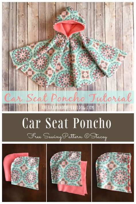 DIY 2-Layer Fleece Car Seat Poncho Free Sewing Patterns Patterns For Fleece Fabric, Hooded Car Seat Poncho Pattern, Fleece Carseat Poncho, How To Make A Car Seat Poncho, Diy Fleece Poncho With Hood Free Pattern, Free Car Seat Blanket Pattern, Poncho Car Seat Cover, No Sew Carseat Poncho Diy, Fleece Car Seat Poncho Pattern Free