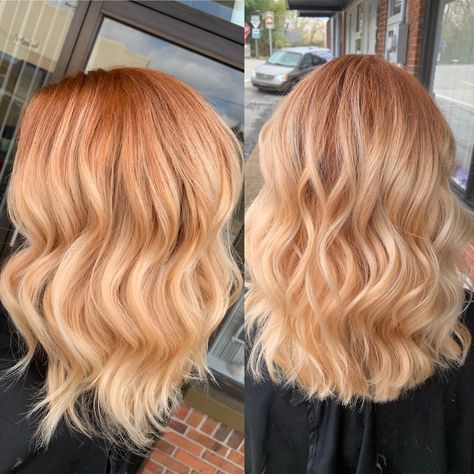 Copper Red Shade Root Shadow & Blonde Blended Through Rest ♥️ Copper Roots Blonde Hair, Copper Blonde Hair Shadow Root, Blonde And Red Fall Hair Color, Root Shade On Blonde Hair, Blonde Hair With Red Root Smudge, Blonde Hair With Red Shadow Roots, Cooper Balayage Hair Blonde, Peach Shadow Root, Copper Root Shadow