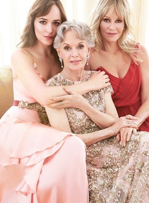 Tippi Hedren, flanked by her granddaughter Dakota Johnson and daughter, Melanie Griffith. Photograph by Coliena Rentmeester. Sing Street, Tippi Hedren, Mother Daughter Photos, Dakota Mayi Johnson, Melanie Griffith, Chateau Marmont, Celebrity Families, Dakota Johnson, Portrait Poses