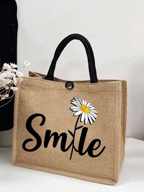 Letter & Flower Graphic Shopper Bag | SHEIN USA Jute Bags Design, Sac En Cuir Diy, Shoulder Bag For School, Sac Tote Bag, Beg Tangan, Burlap Tote Bags, Burlap Tote, Gift Totes, Jute Bag