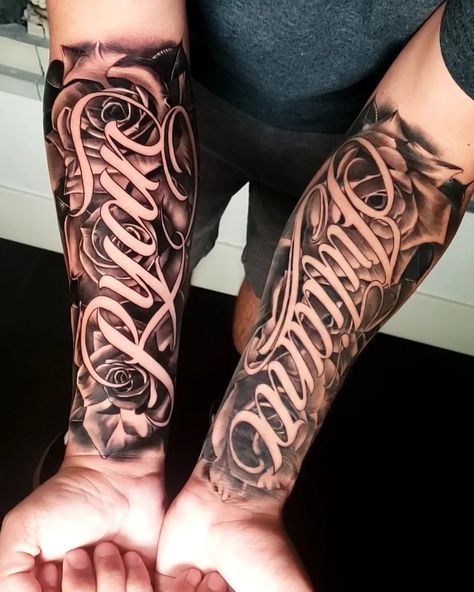 Forearm Tattoos Lettering, Rose Script Tattoo, Forearm Lettering Tattoo Men, Lettering Tattoo Forearm, Forearm Tattoo Lettering, Hernandez Tattoo Lettering, Rodriguez Tattoo Name, Name Forearm Tattoo, Mum Tattoo For Men