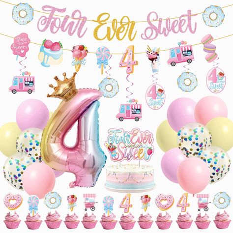 PRICES MAY VARY. 🍰ALL-IN-ONE 4TH BIRTHDAY DECORATIONS SET- Comes with 1x “Four Ever Sweet” ice cream and donut banner, 1x cake topper, 1x four figure foil balloon, 6x hanging swirls, 16x latex balloons, 12x cupcake toppers, Full of cuteness and romance, it's what you need to host a perfect four ever sweet birthday decorations girl 🍓PREMIUM QUALITY- Four Ever Sweet banner is made of recyclable, heavy duty paper, sturdy and won't fold or teared easily; cake topper and hanging swirls are durable Three Is So Sweet Birthday Decorations, Three Is So Sweet Birthday, Sweet Birthday Decorations, Four Ever Sweet Birthday, Four Ever Sweet, Ice Cream Donut, Donut Banner, Cream Donut, Ice Cream Birthday Party