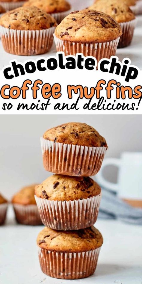 These moist chocolate chip coffee muffins are super simple to make and have a light and fluffy texture thanks to a secret ingredient. If you love mocha muffins, this easy coffee muffins recipe is simply delightful and perfect if you're looking for healthy breakfast muffins. Mocha Muffins, Brunch Pastries, Mocha Recipes, Muffins With Chocolate Chips, Breakfast Dessert Recipes, Coffee Muffins, Muffins With Chocolate, Coffee Desserts, Muffins Easy