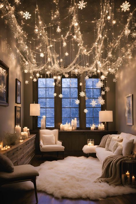 Illuminate Your Ceiling for a Winter Wonderland Effect Fairy Lights Christmas Decor, Winter Theme Party Decorations, Winter Indoor Decor, Ceiling Christmas Lights, Icicle Lights Indoor, Christmas Lights On Ceiling, Ceiling Christmas Decor, Indoor Christmas Lights Ideas, Winter Wonderland Living Room