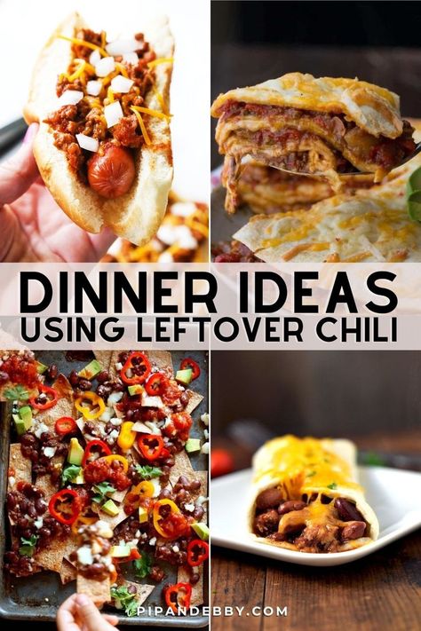 Collage of foods using leftover chili as the main ingredient. Recipes That Use Chili, What To Do With Leftover Chili Recipes, Things To Make With Chili Leftovers, What To Do With Chili Leftovers, Recipes With Canned Chili, Leftover Stew Ideas, Chili Leftover Recipes, Chilli Leftovers Ideas, Recipes For Leftover Chili