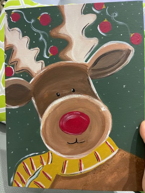 Gingerbread Canvas Painting, Reindeer Painting Canvases, Cute Christmas Paintings Easy, Reindeer Canvas Painting, Winter Painting Easy, Santa Canvas Painting, Christmas Paintings Ideas, Rudolph Painting, Holiday Paintings On Canvas