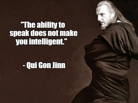 The ability to speak does not make you intelligent. Qui Gon Jinn Qui Gon Jinn, Yoda Quotes, Qui Gon, Star Wars Quotes, Star Wars Jokes, Nice People, Liam Neeson, Personal Improvement, Warrior Quotes