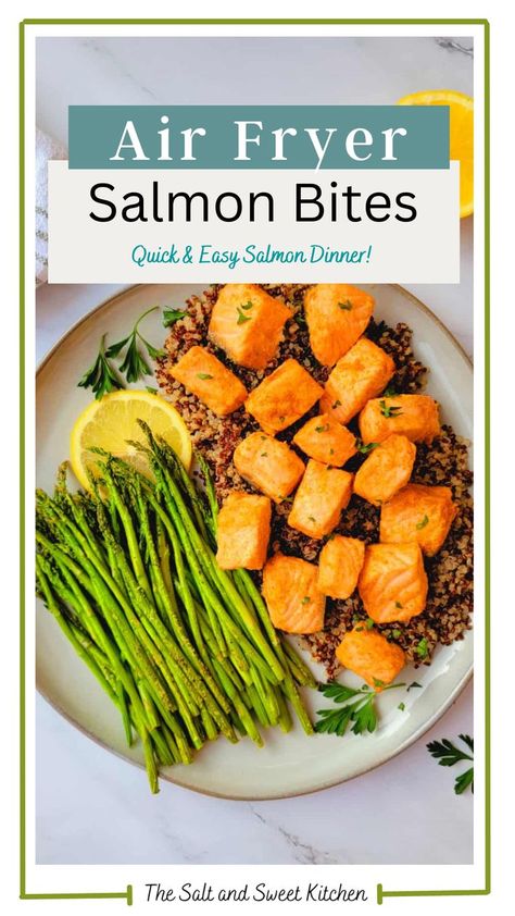 air fryer salmon bites Easy Salmon Dinner, Salmon Kabobs, Perfect Salmon, Air Fryer Recipes Chicken Breast, Salmon Bites Recipe, Cook Salmon, Air Fryer Salmon, Salmon Bites, Easy Salmon Recipes