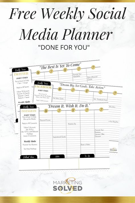 Social Media Weekly Planners - Done For You.  These free printables will tell you exactly how to manage your weekly social media planning. Social Media Measurement, Marketing Solved, Weekly Planners, Social Media Planning, Media Planning, Media Planner, Social Media Calendar, Content Planner, Social Media Planner