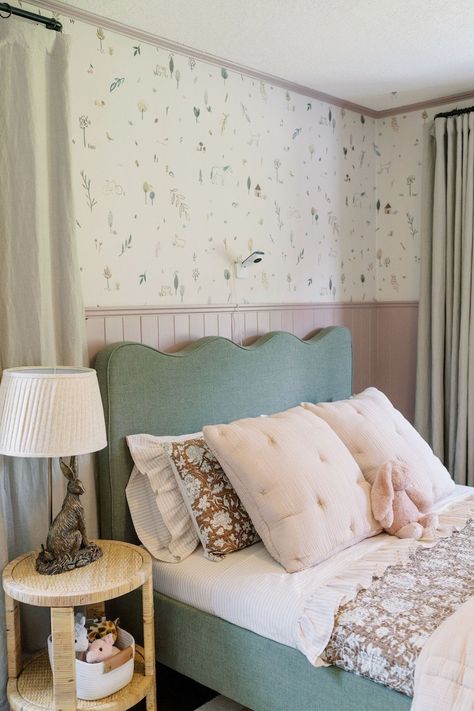 Shiloh's Farmhouse Big Girl Room Reveal - Daly Digs Girl Bedroom Inspiration, Painted Curtains, Pink Comforter, Tranquil Bedroom, New Paint Colors, Bed Lamp, Toddler Girl Room, Baby Room Inspiration, With Wallpaper