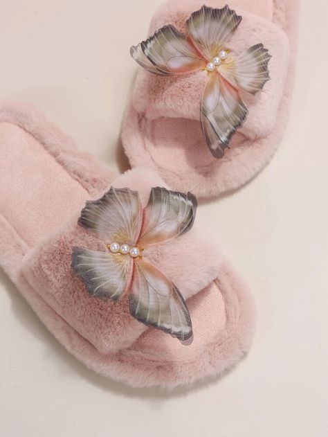 Butterfly & Faux Pearl Decor Fluffy Bedroom Slippers | SHEIN USA Butterfly Slippers, Fluffy Bedroom, Bedroom Slippers, Cute Slippers, Pearl Decor, House Slippers, Faux Pearl, Cherry Blossom, Color Blocking