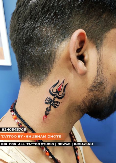 #TATTOOBY-SHUBHAMDHOTE #CLL-9340545705 #INKFORALL TATTOO STUDIO Trishul Tattoo For Neck, Mahadev Neck Tattoo, Shivji Trishul Tattoo, Trishul Tattoo Designs Neck, Shiv Neck Tattoo, Trishul Neck Tattoo, Trishul Tattoo Designs Small, Tettu Design Tattoo, Shiv Tattoo For Men