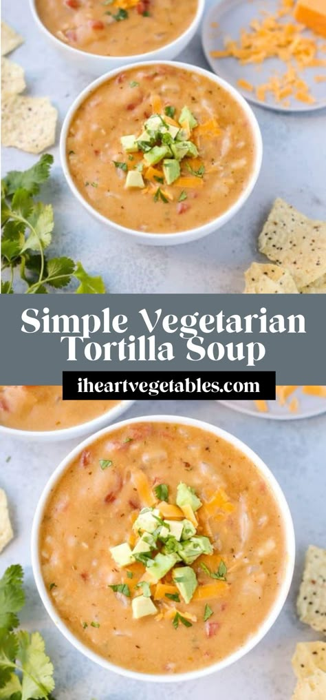 This cheesy vegetarian tortilla soup recipe is rich and creamy with tons of spicy flavor. This is a perfect side dish for tacos or enchiladas—and it only takes a few minutes to prepare! Cheesy Tortilla Soup, Cheesy Tortilla, Vegetarian Tortilla Soup, Taco Side Dishes, Vegan Stew, Tortilla Soup Recipe, Vegetarian Soup Recipes, Vegetarian Tacos, Vegetarian Main Dishes