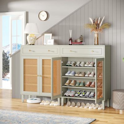 【Multifunctional Design】: Revitalize your home with our versatile shoe cabinet. Offering extensive storage options across four tiers, two doors, and an extra drawer, this shoe storage cabinet suits all your shoe storage needs. But its utility goes beyond shoes - it's ideal for organizing bags, umbrellas, scarves, and other household items, adding a touch of neatness and functionality to any entryway, living room, or bedroom. | Bayou Breeze Pair Shoe Storage 43.7 H x 31.49 W x 15.74 D in brown / Shoe Rack Entryway Ideas, Show Storage Ideas Entryway, Storage For Shoes At Front Door, Mud Room Shoes Storage Ideas, Entrance Shoe Storage Ideas Modern, Entry Way Shoe Storage Ideas, Shoe Storage Metal, Shoe Storage Cabinet Entryway, Entryway Storage Ideas