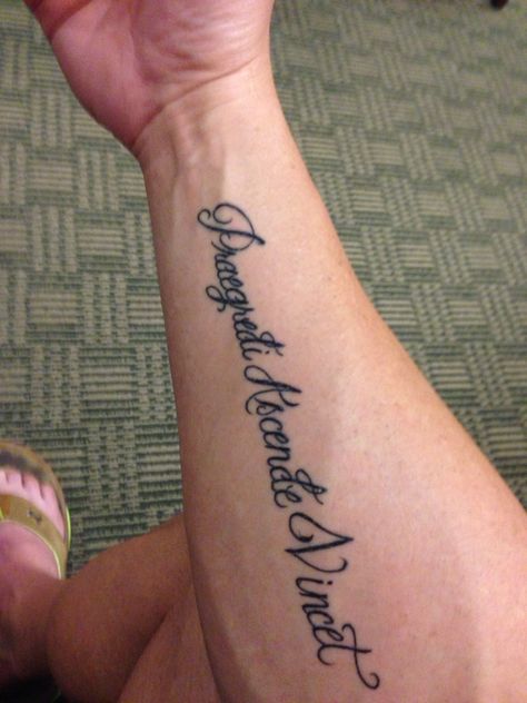 Forearm script tattoo says move ahead, go up, conquer in Latin Latin Tattoo Ideas, Within Tattoo, Conquer Tattoo, Forearm Script Tattoo, Latin Quote Tattoos, Fear Tattoo, Latin Tattoo, Small Tattoos For Men, Forearm Tattoo Quotes