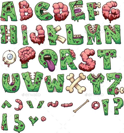 Zombie letters and symbols. Please be aware that this is not a font. Vector clip art illustration with simple gradients. Each elem Zombie Font, Zombie Cartoon, Grow Shop, Graffiti Lettering Fonts, Lettering Tattoo, Letter Symbols, Graffiti Alphabet, Hand Lettering Alphabet, Halloween Fonts