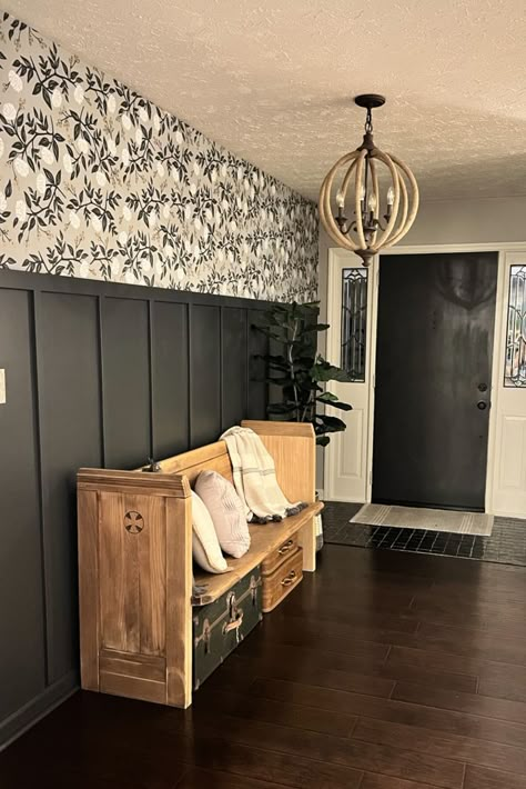 Board And Batten Foyer, Add Board And Batten, Board And Batten Hallway, Wallpapered Entryway, Mudroom Decor, Board And Batten Wall, Dark Days, Home Entrance Decor, Board And Batten