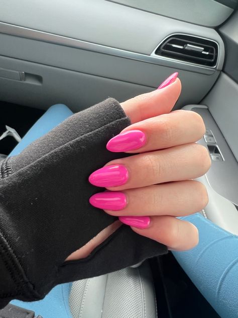 Alomd Nails Ideas Pink, Solid Pink Acrylic Nails Almond, Plain Pink Nails Almond, Plain Pink Acrylic Nails Almond, Plain Hot Pink Acrylic Nails, How Pink Nails, Medium Almond Pink Nails, Bright Pink Acrylic Nails Almond, Almond Shape Hot Pink Nails