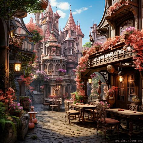 The sunlight spilled over the whimsical rooftops of the fairy city, catching in the dew-kissed petals of the glowbell flowers and casting a… | Instagram Fantasy Town Concept Art, Castle Illustration, Wattpad Background, Fantasy Town, Instagram Background, Home Decor Sets, Round Art, Ocean Wallpaper, Fantasy City