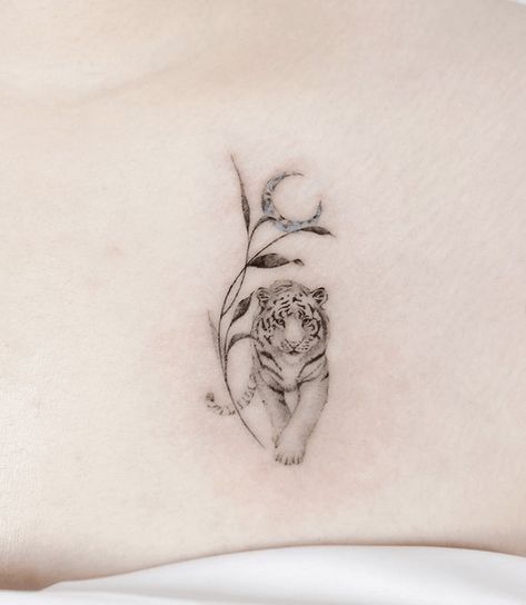 Small Big Cat Tattoo, Tiger Neck Tattoo For Women, Simple Tiger Tattoo For Women, Tattoos Of Tigers, Japanese Tiger Tattoo Women, Wild Cat Tattoo For Women, Small White Tiger Tattoo, Minimal Tiger Tattoo For Women, Happy Tiger Tattoo