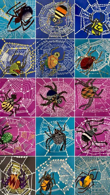 Lauralee Chambers🌀 on Instagram: "I forgot to share these amazing webs and beautiful kente cloth spiders, inspired by the African folktale from Ghana about Anansi the spider by Gerald McDermott. Lots of learning, lots of art elements and skills. #spiderart #spiderartwork #folktale #artandculture #artelements #fourthgradeart" 1st Grade Texture Art Projects, African Art Lesson, Art Projects For Upper Elementary, Line Art Activities, Spider Art Project, Anansi The Spider Art, K 5 Art Lessons, Sped Art Projects, Spider Arts And Crafts