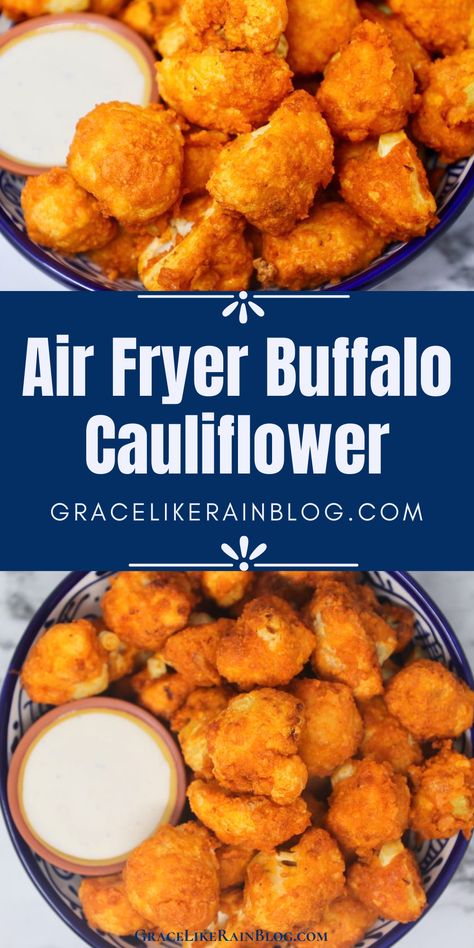 Air Fryer Buffalo Cauliflower is a crunchy air fryer appetizer that tastes just like Buffalo Chicken Wings. If you like spicy snacks, you're going to love this easy air fryer recipe. It's a healthy air fryer recipe too! We're breading fresh cauliflower florets and tossing them in Panko bread crumbs then air frying them. Next, we're coating them in Sweet Baby Ray's buffalo wing sauce for a spicy finish. | Air Fryer Buffalo Wing Cauliflower | air Fryer vegetables | Air Fried Cauliflower Air Fryer Buffalo Cauliflower, Lighter Meals, Buffalo Cauliflower Recipes, Ww Dinner, Buffalo Cauliflower Bites, Healthier Habits, Cauliflower Recipe, Buffalo Cauliflower, Air Fryer Recipes Chicken