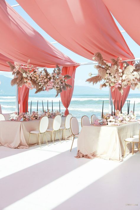 Love On Top ~ WedLuxe Magazine Coral Colour Palette, Beach Wedding Coral, Vietnam Wedding, تصميم الطاولة, Wedding Setup, Beach Wedding Reception, Beach Ceremony, Coral Wedding, Beach Wedding Decorations