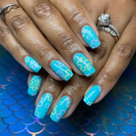 Spongebob Sky Nails, Spongebob Nails Designs, Sponge Bob Nails, Spongebob Nails, Glossy Nails, Overlay Nails, Sky Nails, Blush Nails, Short Nail