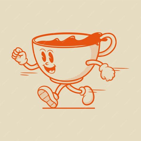 Premium Vector | Coffee cup character, retro mascot character Cute Retro Illustration, Coffee Cup Vector Illustration, Coffee Character Illustration, Retro Coffee Illustration, Coffee Cup Character, Retro Coffee Logo, Coffee Character Design, Creative Character Design, Drink Character